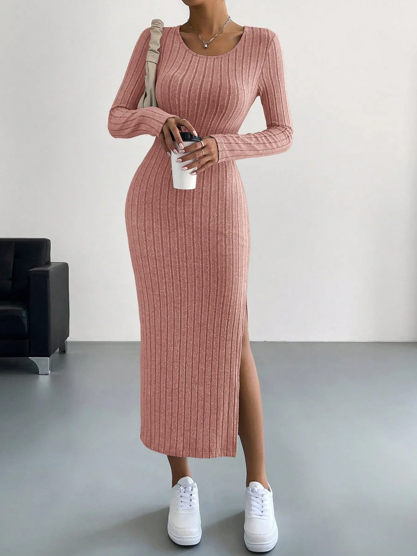 Round Neck Solid Split Thigh Rib-Knit Dress