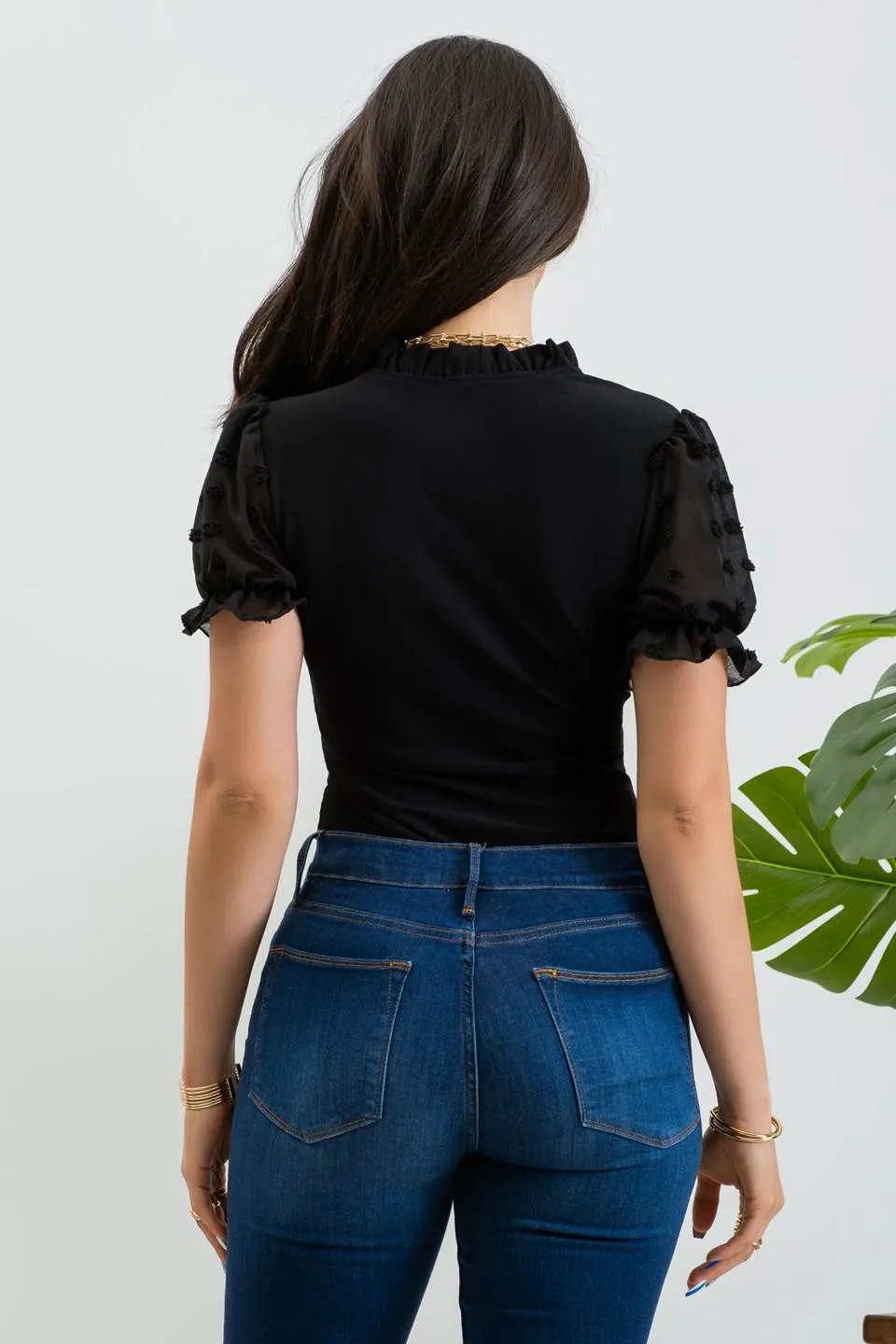 RUFFLE SURPLICE PUFF SLEEVE WOVEN TOP