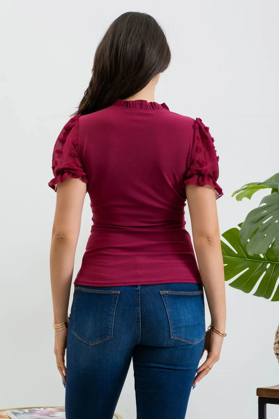 RUFFLE SURPLICE PUFF SLEEVE WOVEN TOP