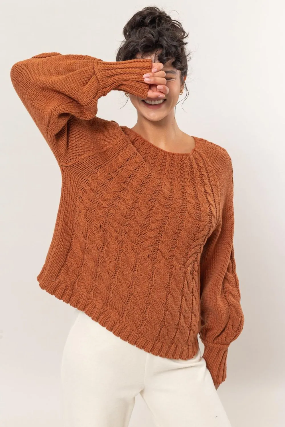 Rust Cable-Knit Round Neck Raglan Sleeve Sweater