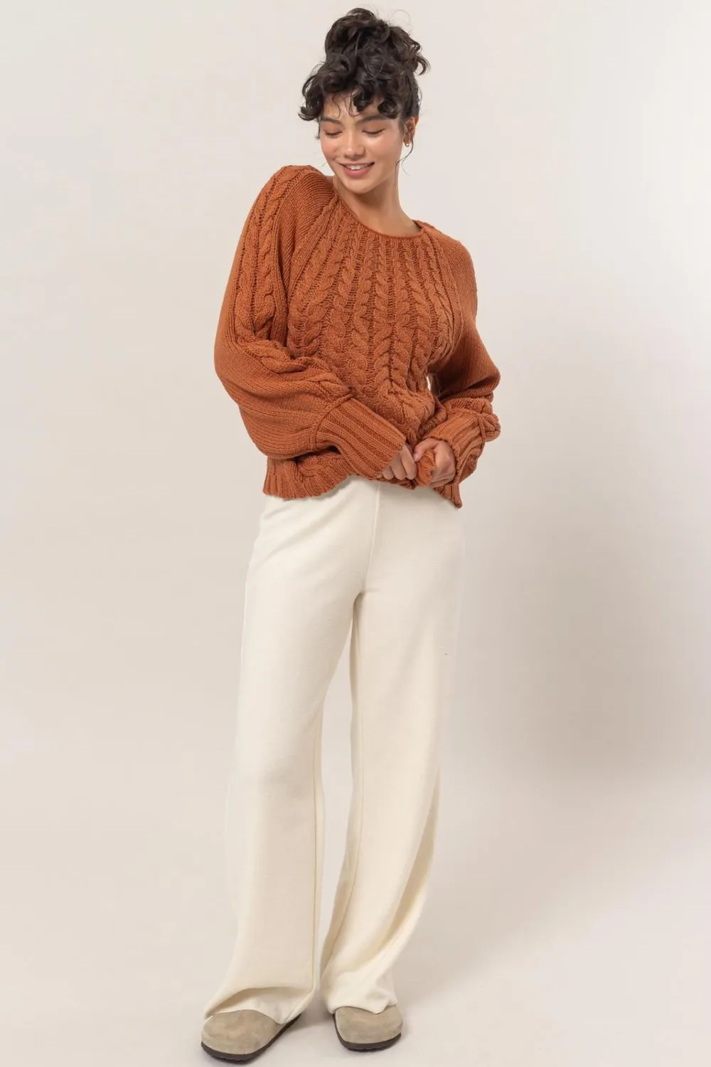 Rust Cable-Knit Round Neck Raglan Sleeve Sweater