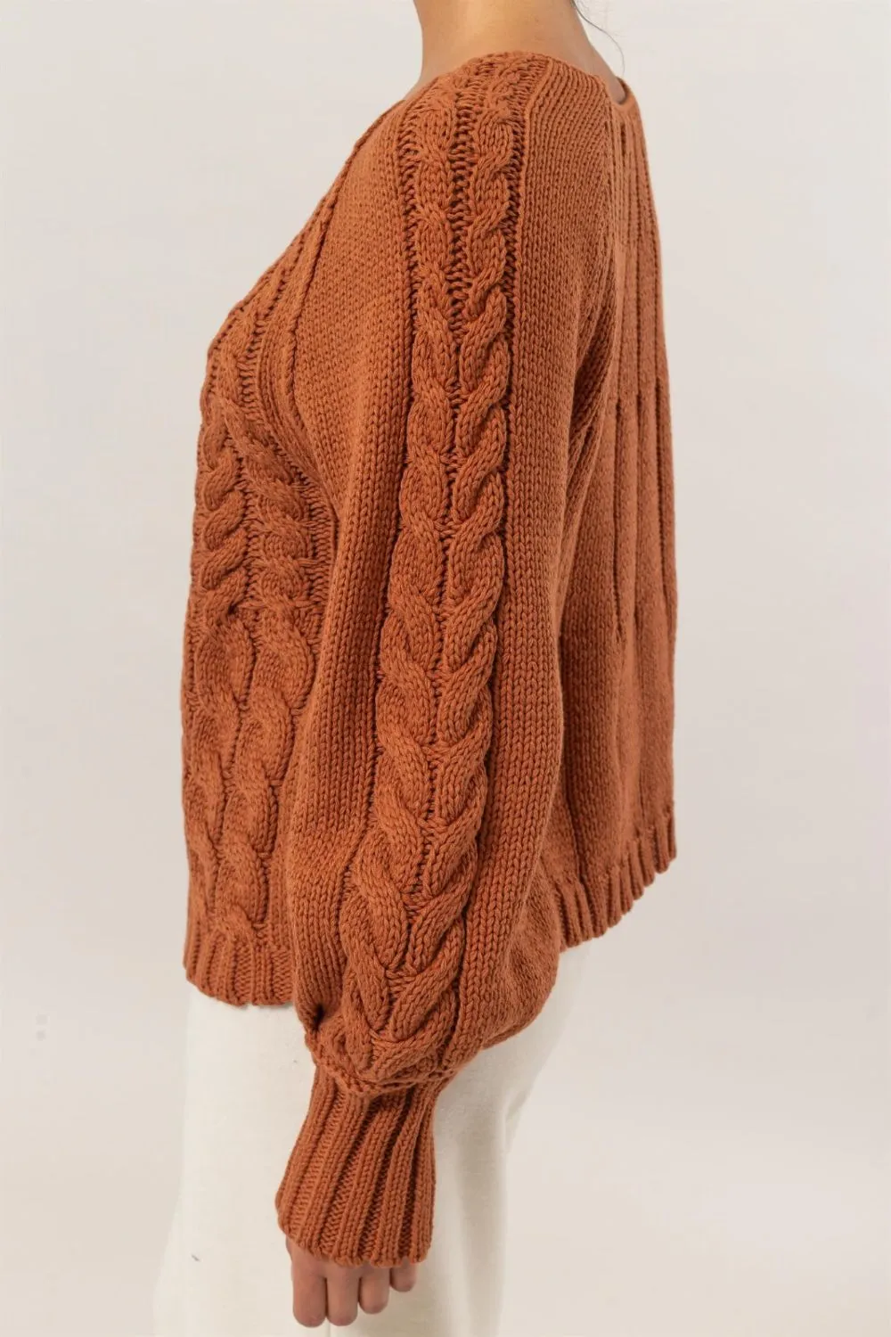 Rust Cable-Knit Round Neck Raglan Sleeve Sweater