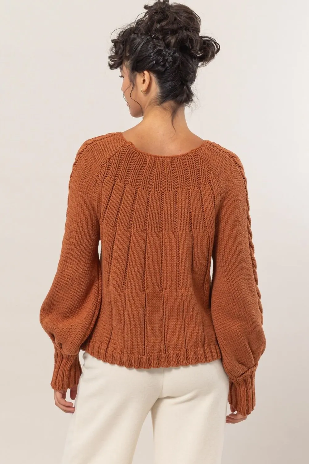 Rust Cable-Knit Round Neck Raglan Sleeve Sweater