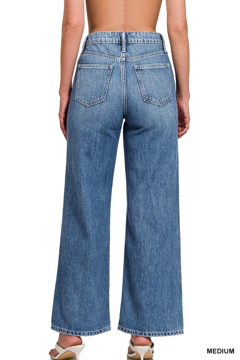 Sara High Waist Wide Leg Straight Jean - Medium Wash