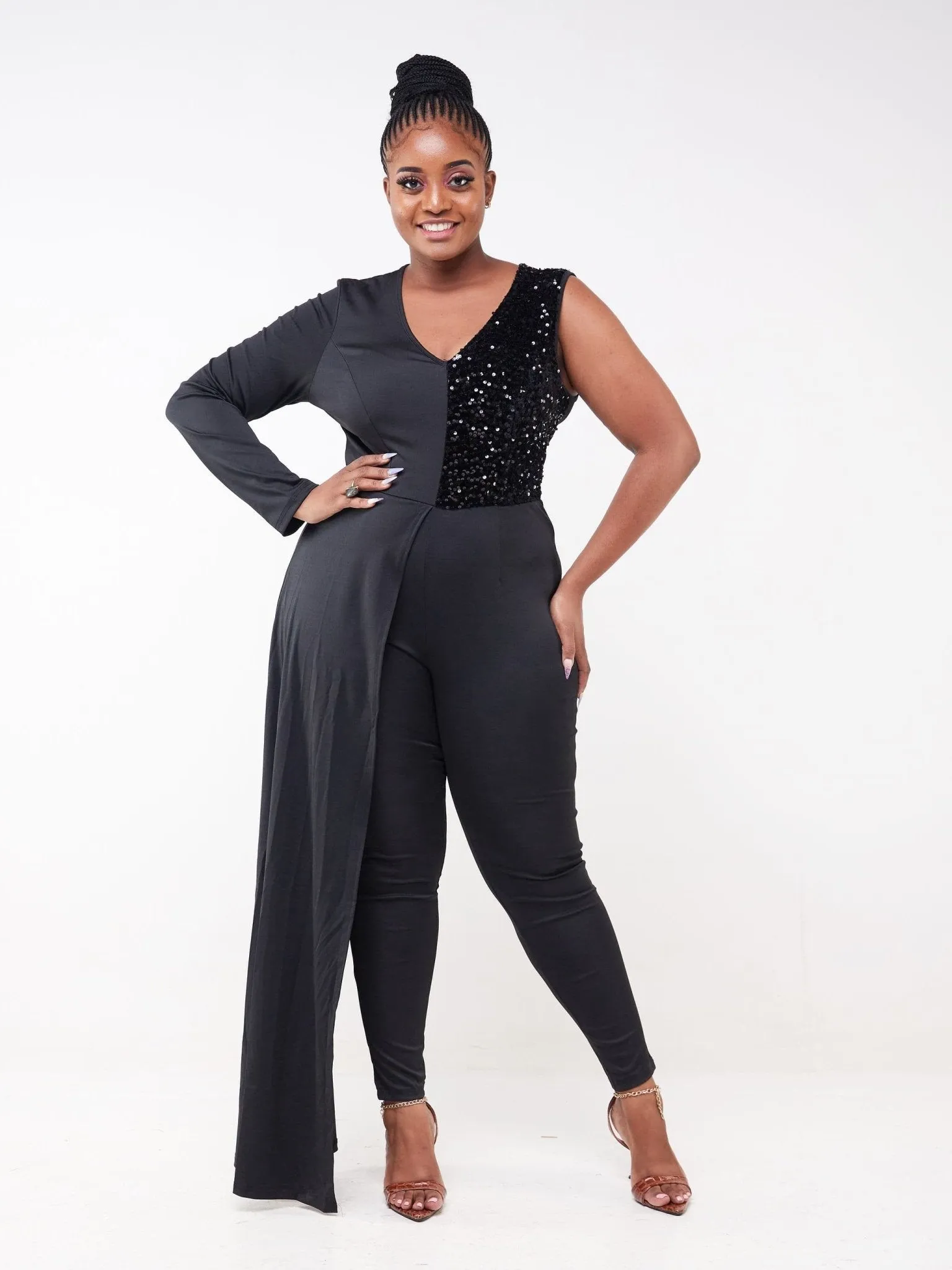 Sequin Jumpsuit With Trail - Black