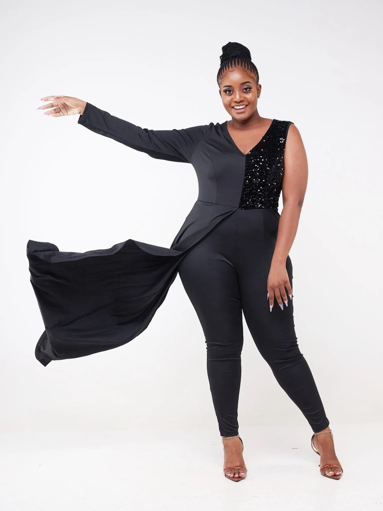 Sequin Jumpsuit With Trail - Black