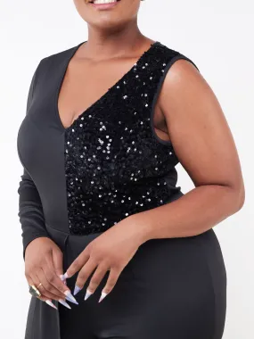 Sequin Jumpsuit With Trail - Black