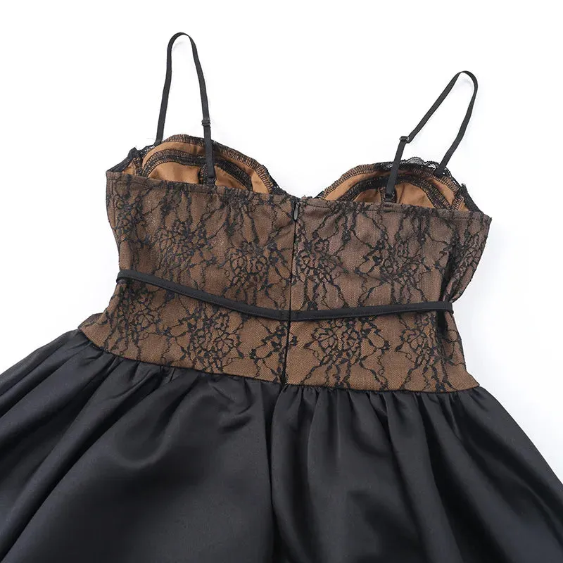 Sexy Black Lace Pleated Strappy Party Dress Set