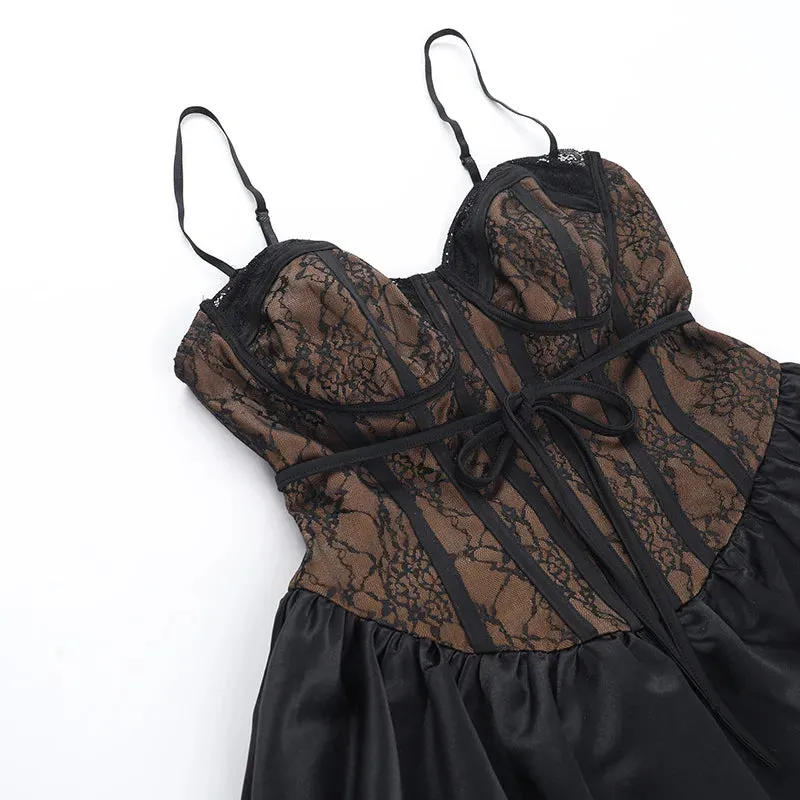 Sexy Black Lace Pleated Strappy Party Dress Set