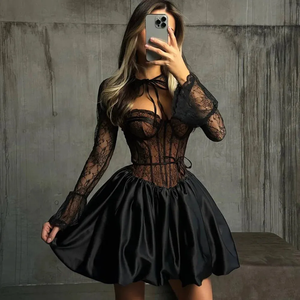 Sexy Black Lace Pleated Strappy Party Dress Set