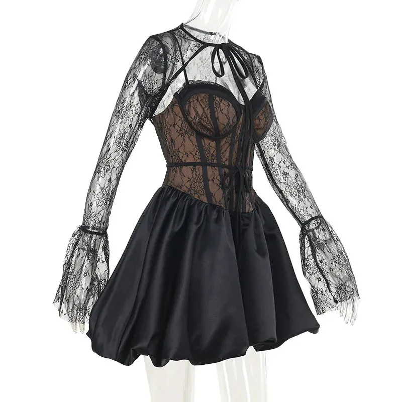 Sexy Black Lace Pleated Strappy Party Dress Set
