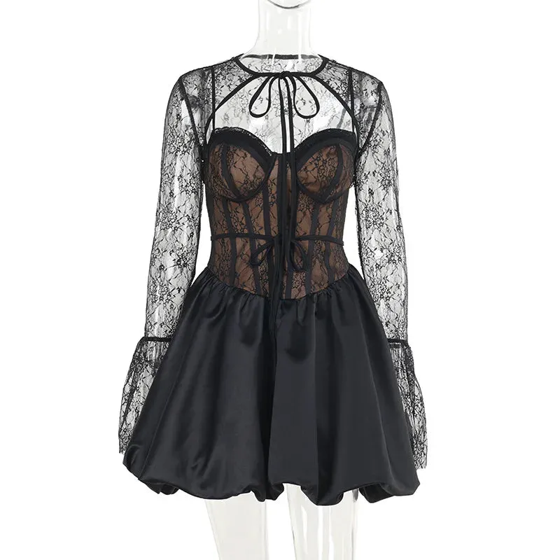 Sexy Black Lace Pleated Strappy Party Dress Set