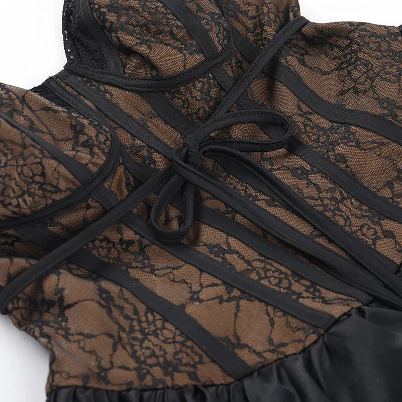 Sexy Black Lace Pleated Strappy Party Dress Set