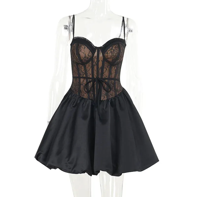 Sexy Black Lace Pleated Strappy Party Dress Set