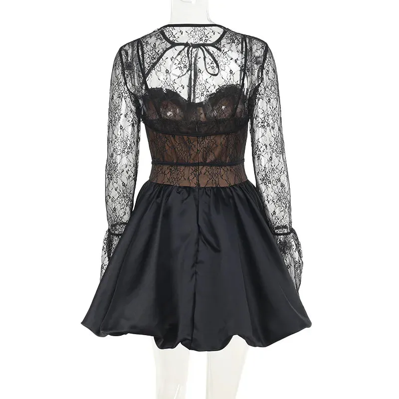 Sexy Black Lace Pleated Strappy Party Dress Set