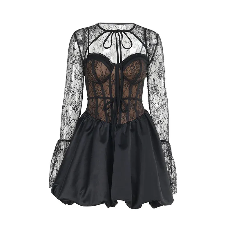Sexy Black Lace Pleated Strappy Party Dress Set