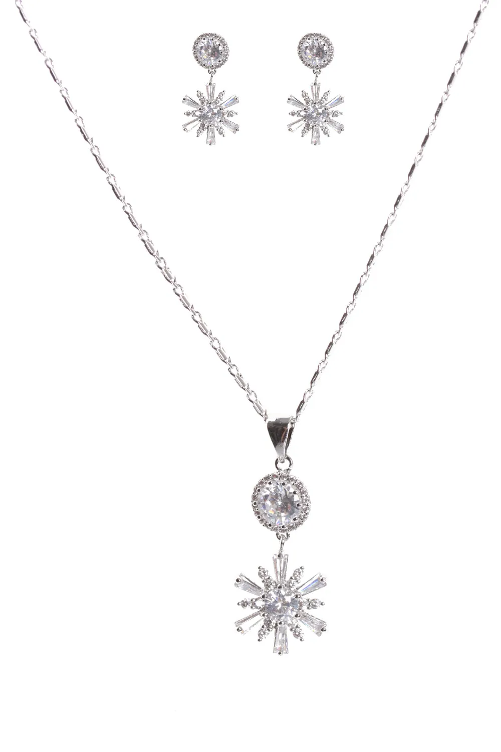Sparkly Snowflake Cubic Zirconia Necklace & Earring Sets in Silver