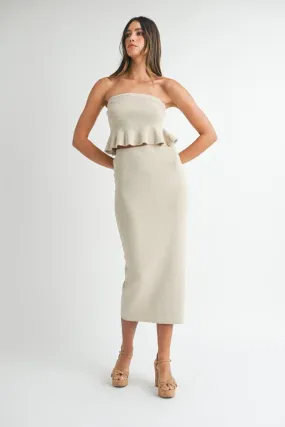 STRAPLESS RIBBED KNIT PEPLUM TOP AND MID SKIRT SET