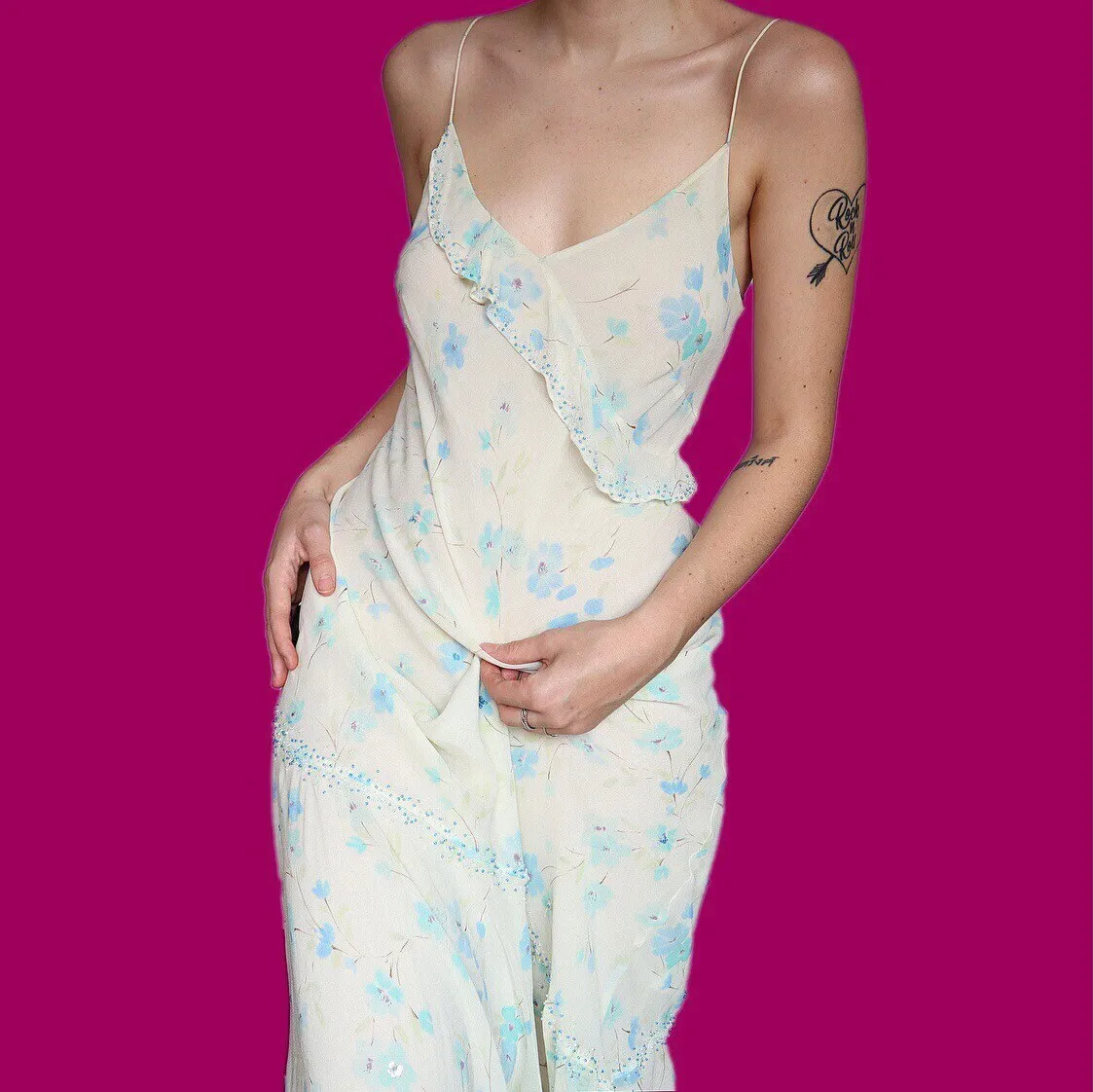 Stunning vintage 100% silk floral midi slip evening dress UK 14