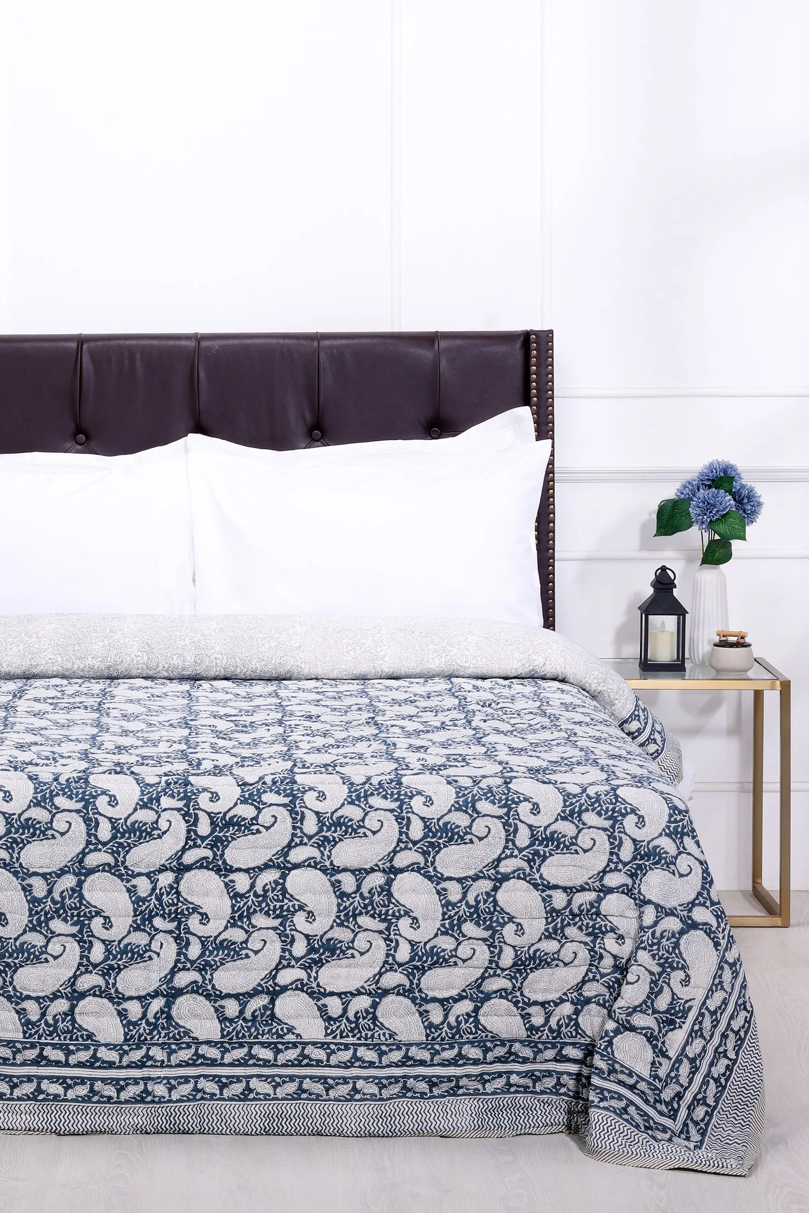 Sunderban Paisely Hand Block Printed Grey Cotton Muslin Quilt