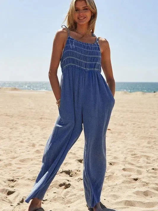 Sunkissed and Smiling Smocked Detail Tie Straps Jumpsuit