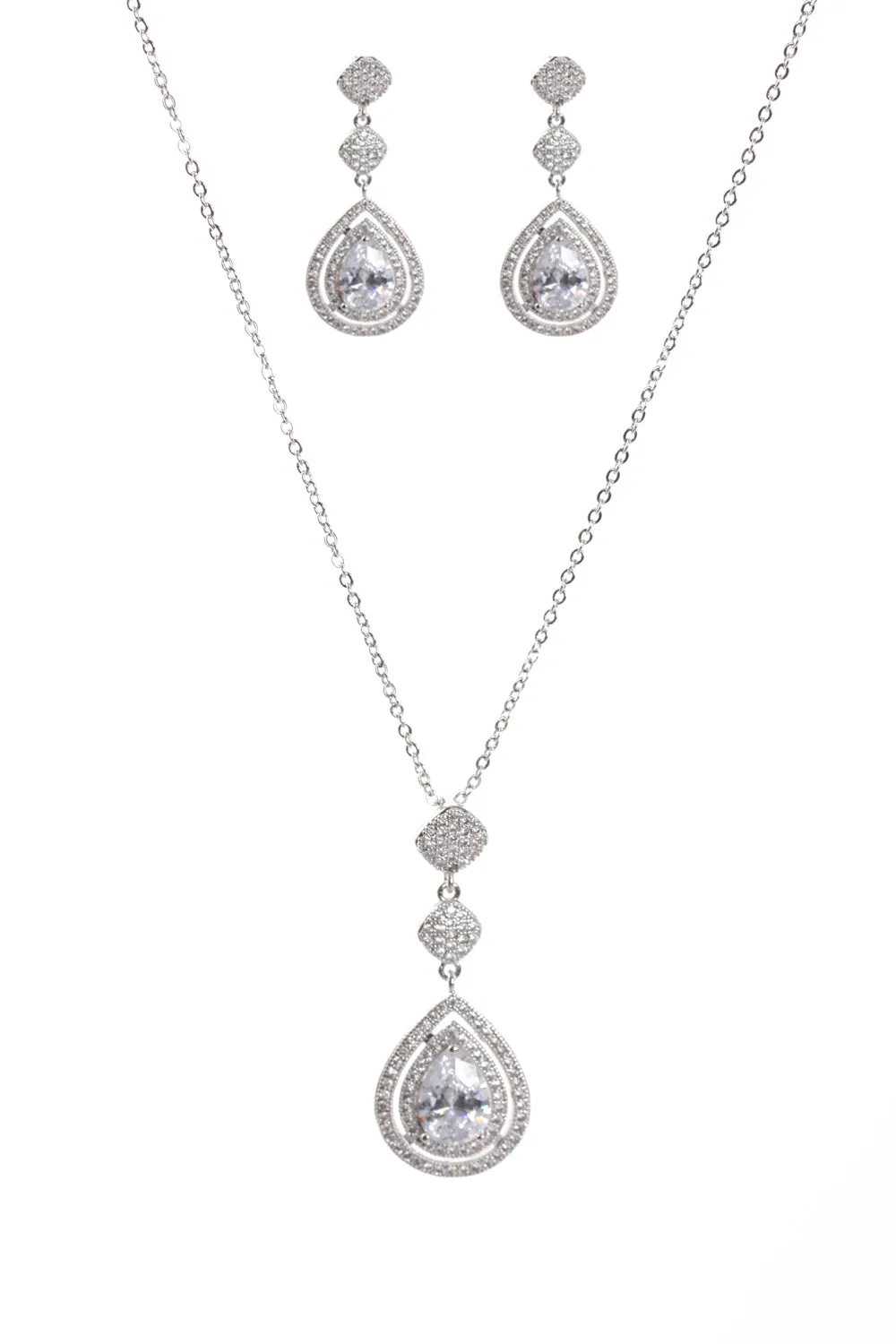 Tear Drop Cubic Zirconia Necklace & Earring Sets in Silver
