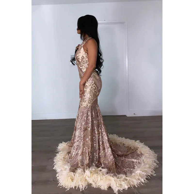 V-Neck Sleeveless Sequins Sheer Tulle Feather Mermaid Long Prom Evening Dress