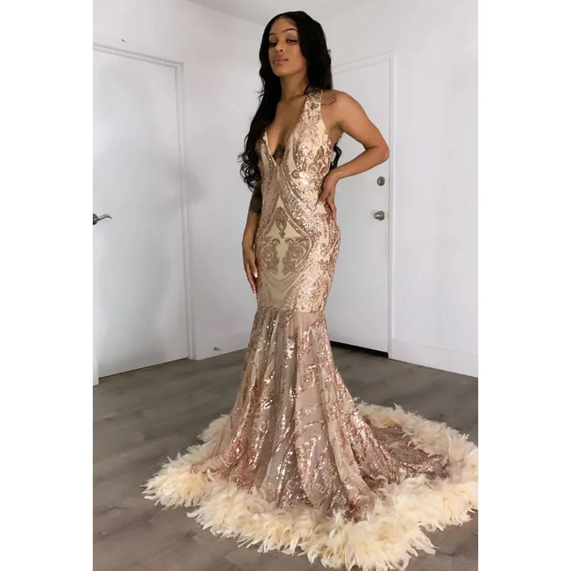 V-Neck Sleeveless Sequins Sheer Tulle Feather Mermaid Long Prom Evening Dress