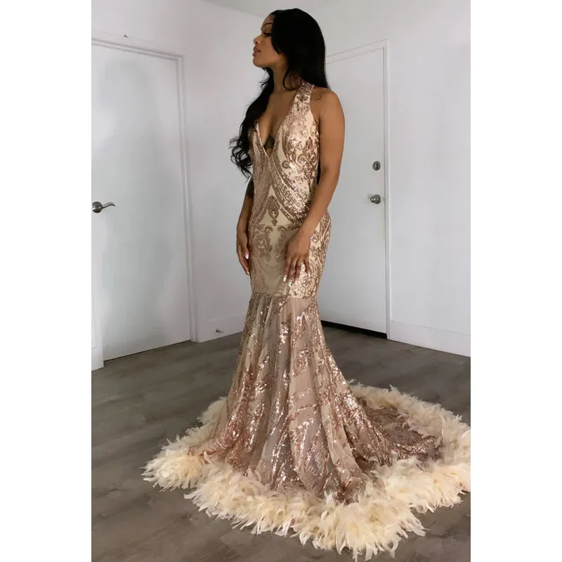 V-Neck Sleeveless Sequins Sheer Tulle Feather Mermaid Long Prom Evening Dress