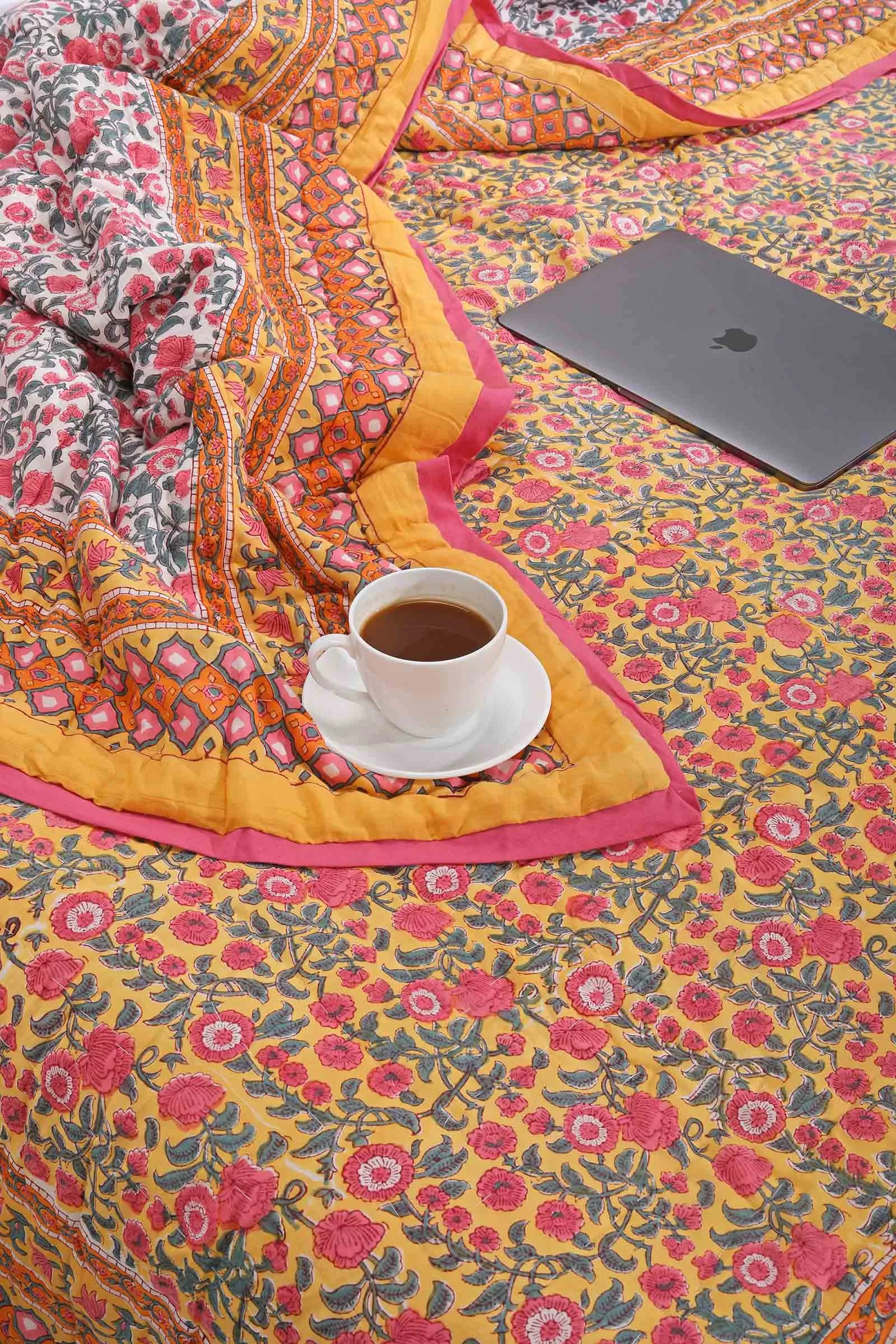 Vrindavan Yellow Poppy Cotton Muslin Quilt