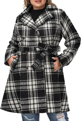 Warm and Stylish Size 22 Plus Black Plaid Notch Lapel Double-Breasted Belted Mid-Long Outwear for Winter