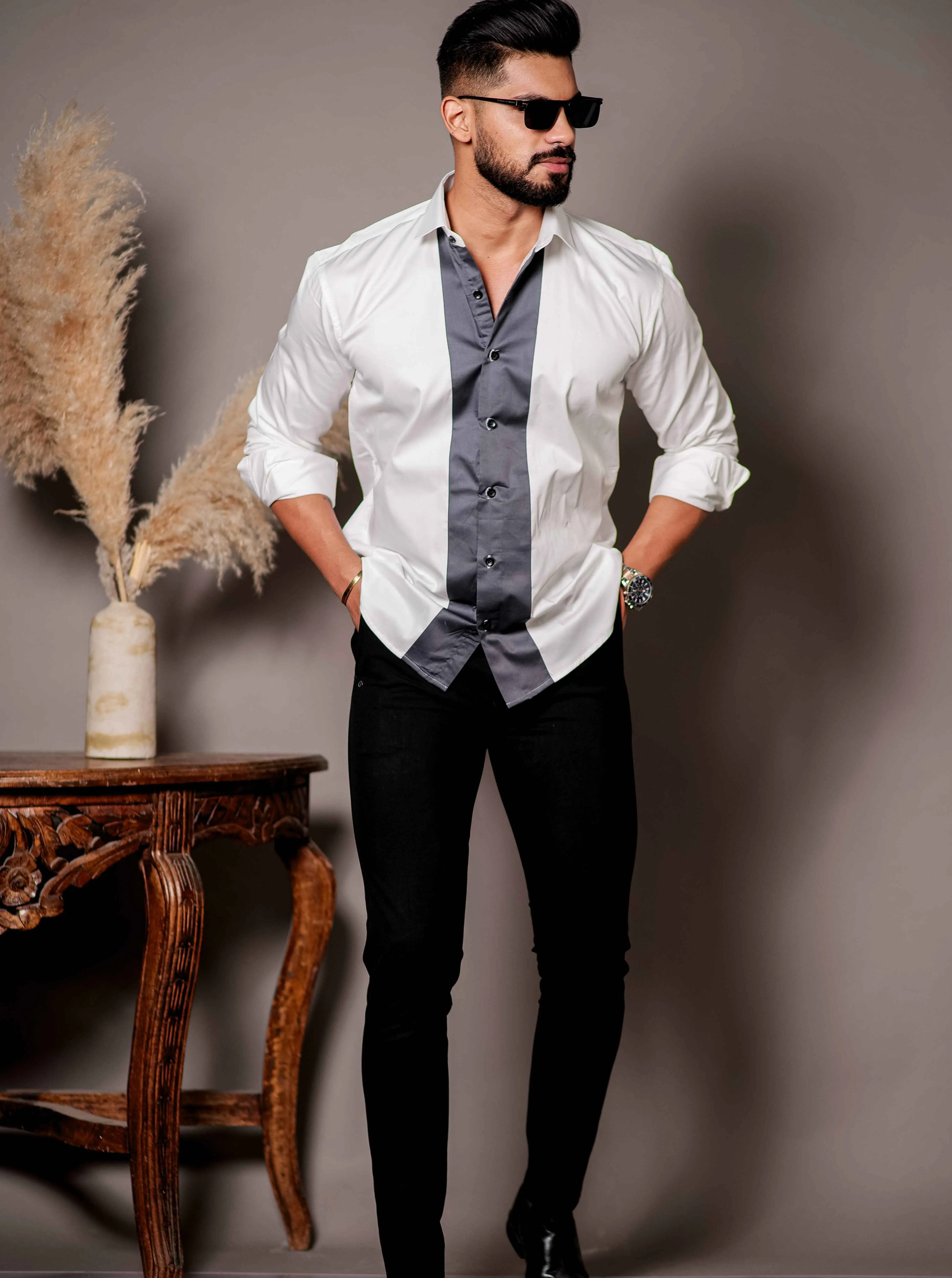 White And Grey Designer Satin Cotton Shirt