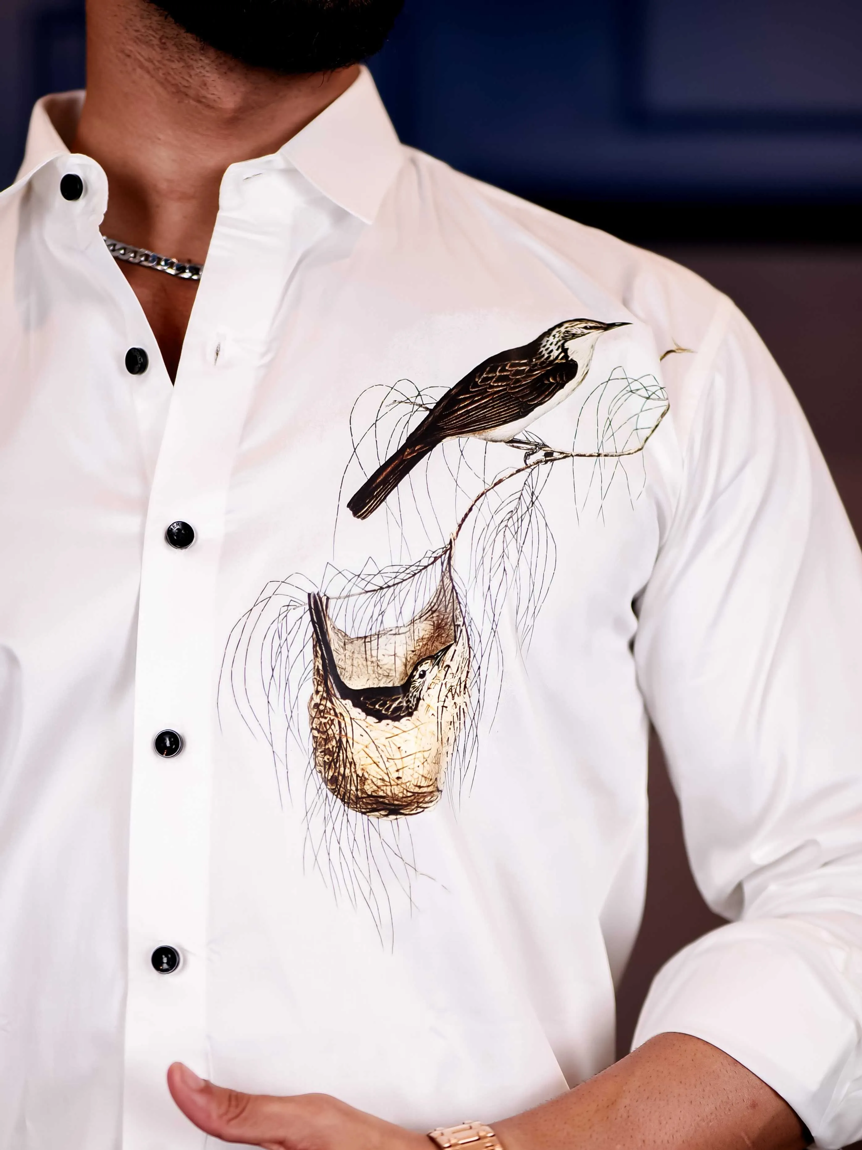 White Club Wear Baya Weaver Printed Satin Cotton Shirt