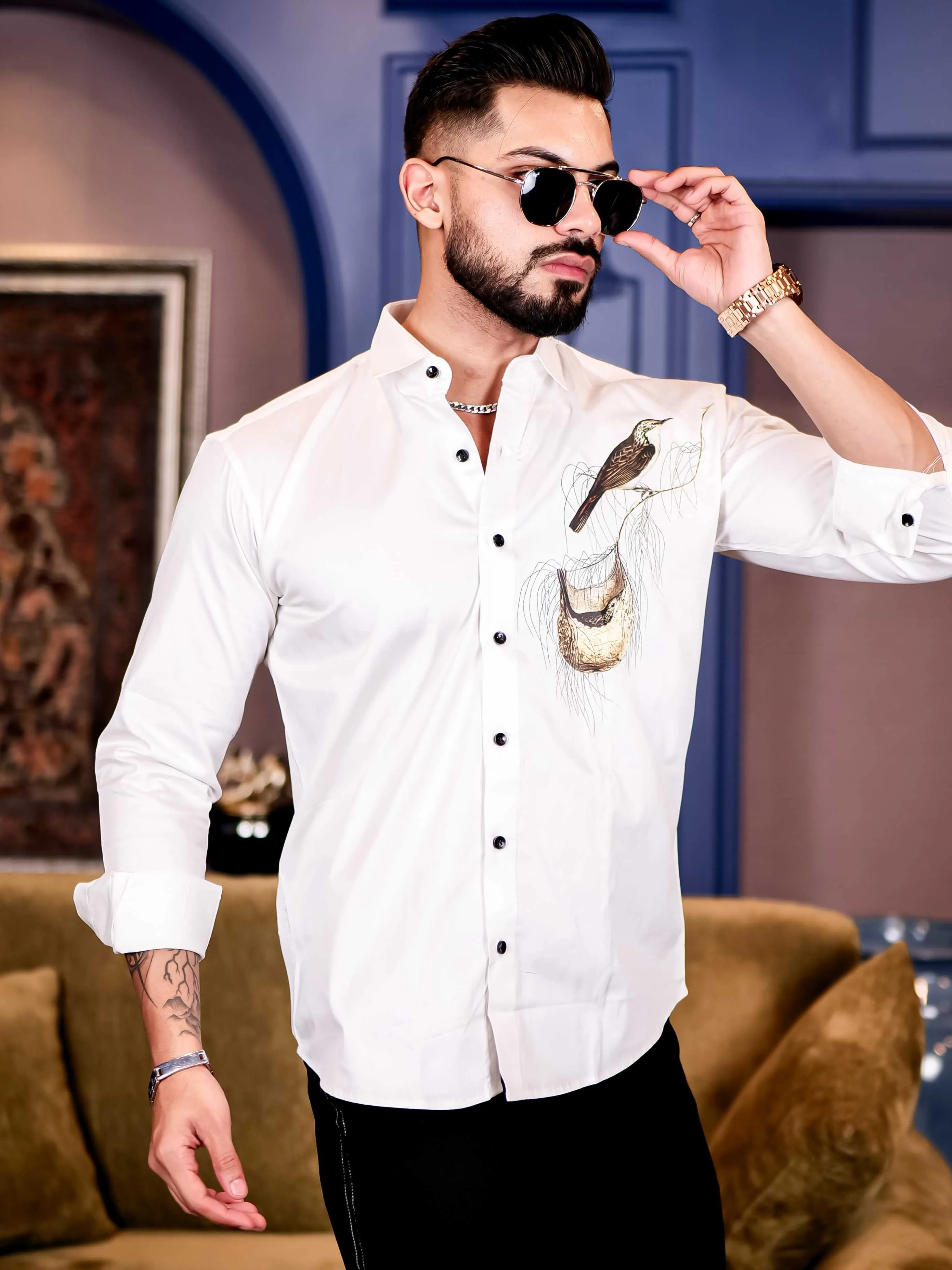 White Club Wear Baya Weaver Printed Satin Cotton Shirt