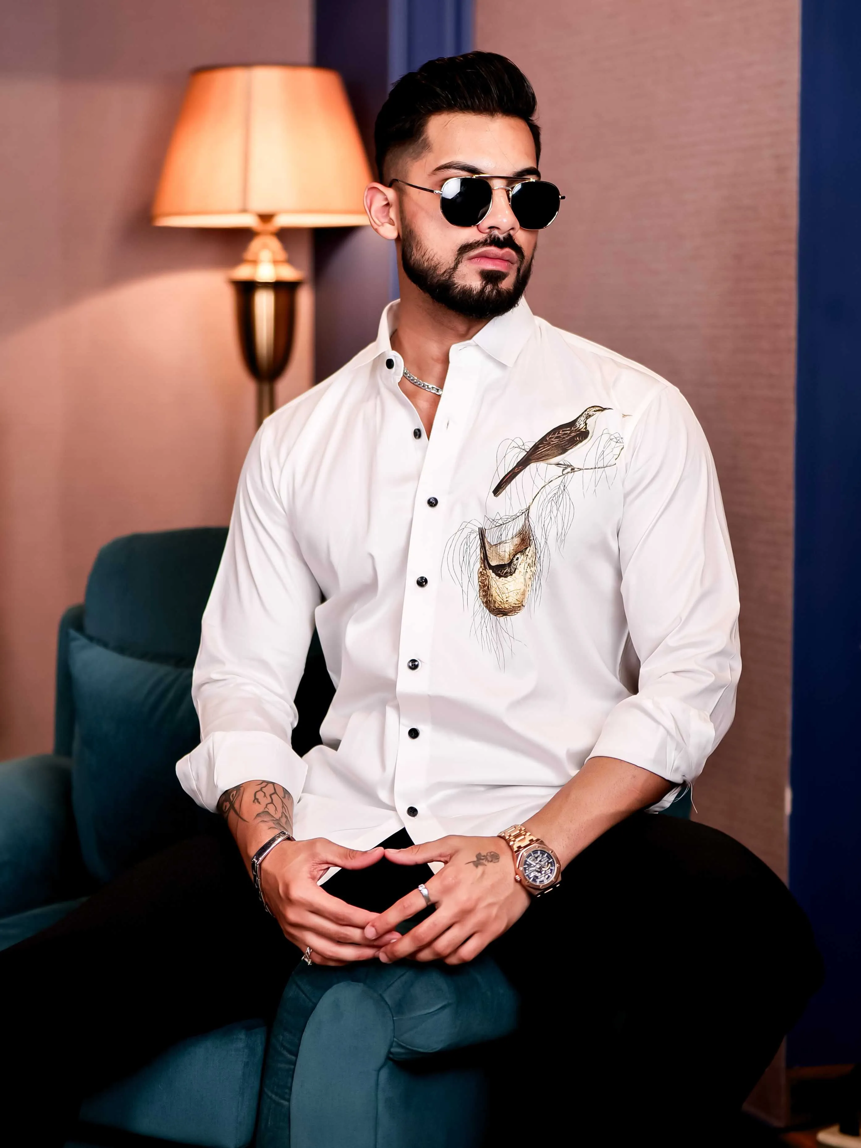 White Club Wear Baya Weaver Printed Satin Cotton Shirt