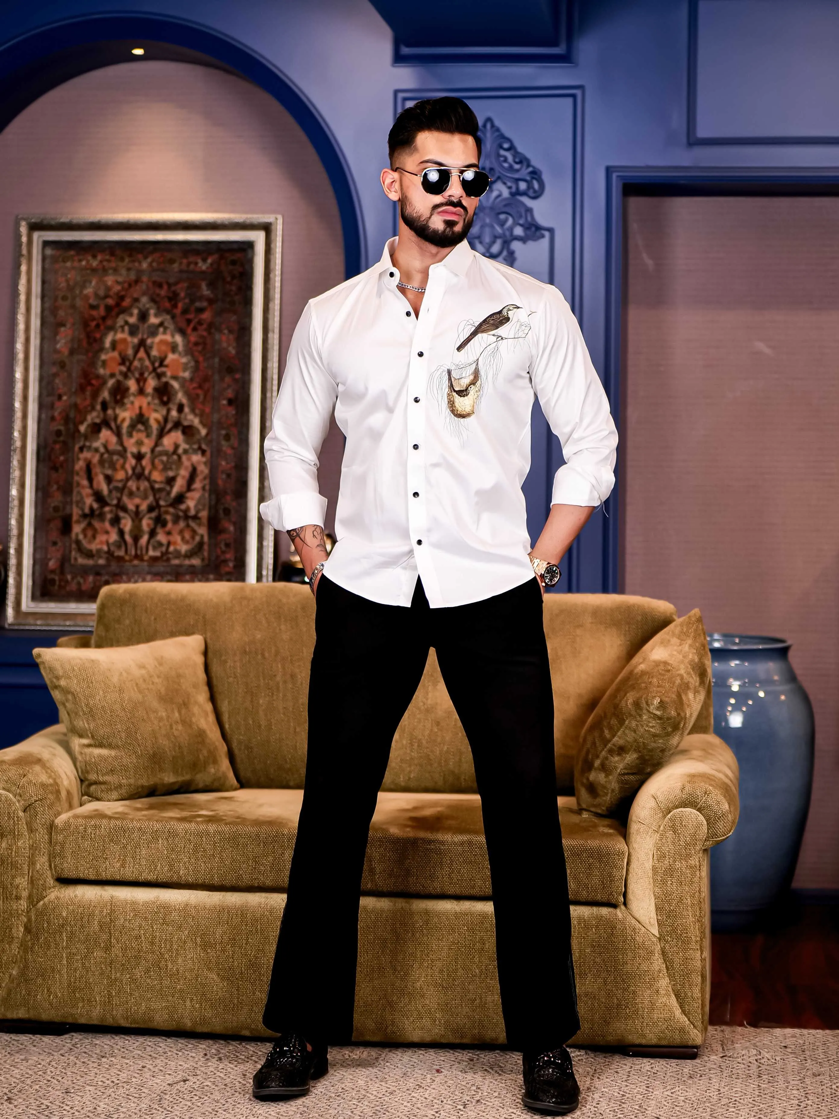 White Club Wear Baya Weaver Printed Satin Cotton Shirt