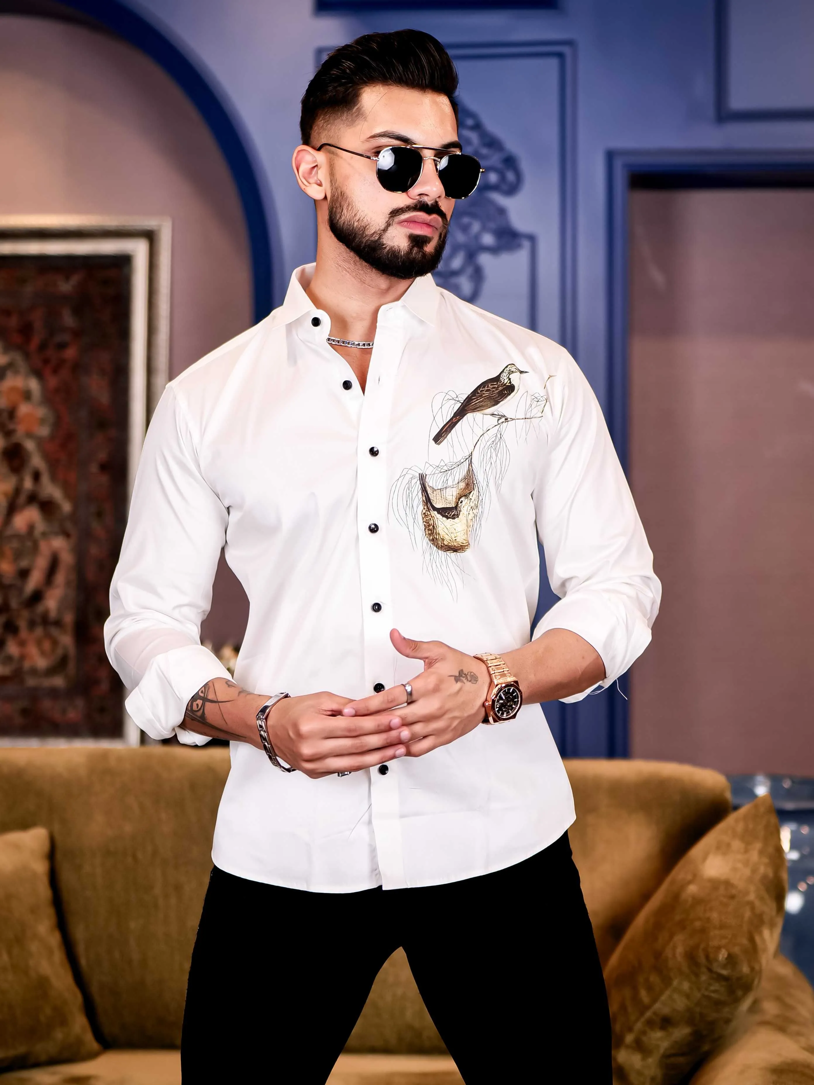 White Club Wear Baya Weaver Printed Satin Cotton Shirt