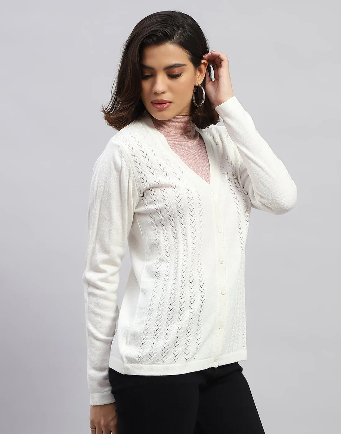 Women White Self Design V Neck Full Sleeve Cardigan