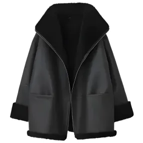 Women's Black Oversized Shearling Leather Jacket - Cozy & Stylish