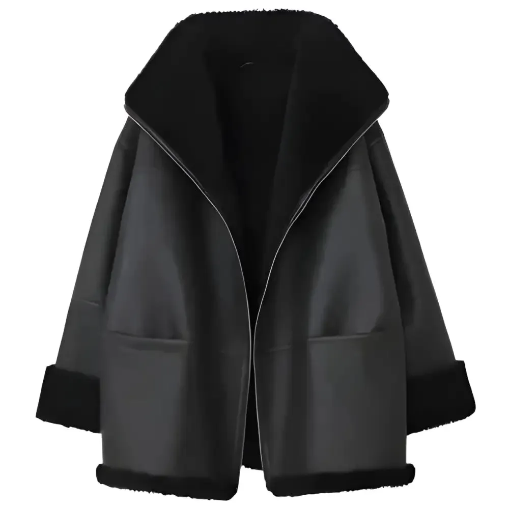 Women's Black Oversized Shearling Leather Jacket - Cozy & Stylish