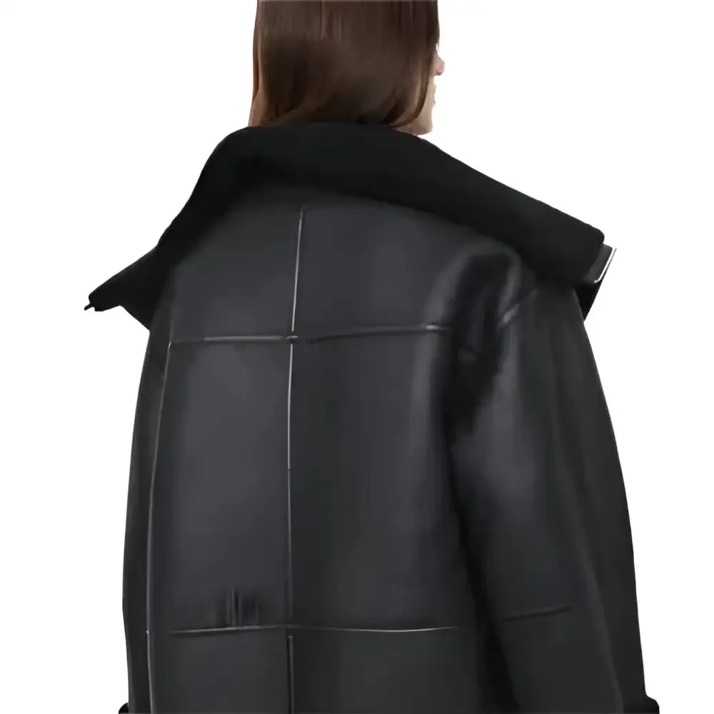 Women's Black Oversized Shearling Leather Jacket - Cozy & Stylish