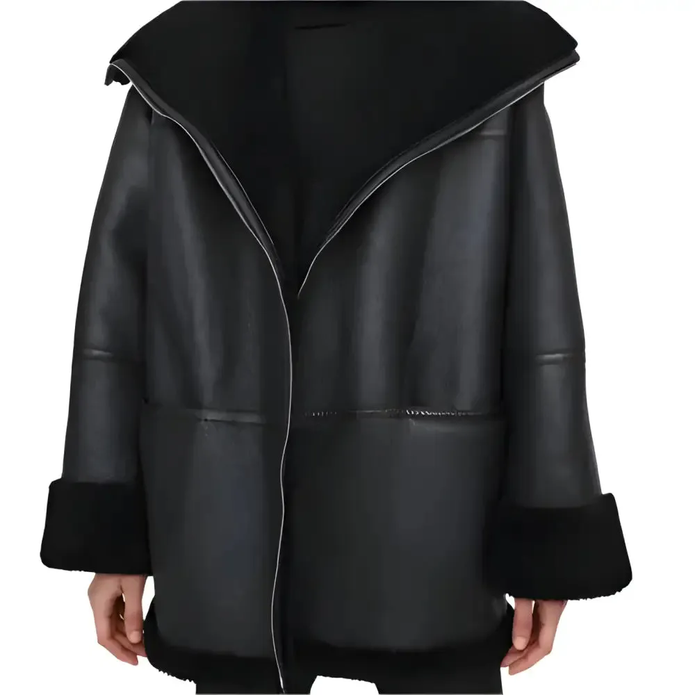 Women's Black Oversized Shearling Leather Jacket - Cozy & Stylish