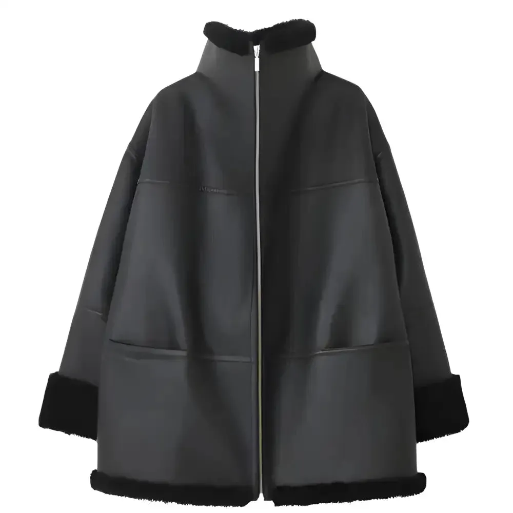 Women's Black Oversized Shearling Leather Jacket - Cozy & Stylish