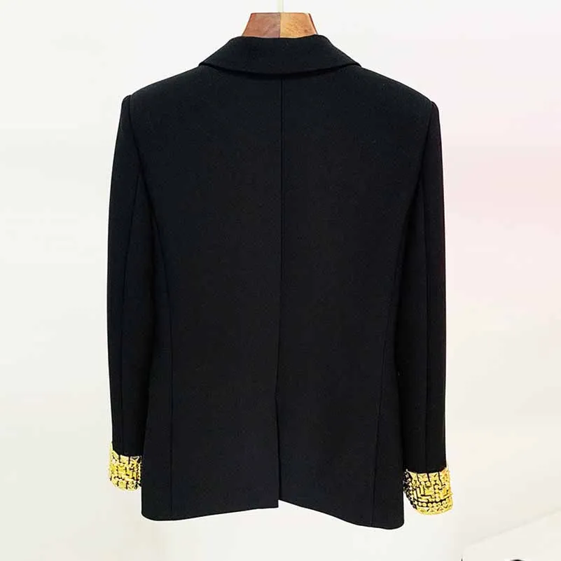 Women's Luxury black One Button Blazer Hand Sewn Golden Metal Studs Mid-length Blazer Coat