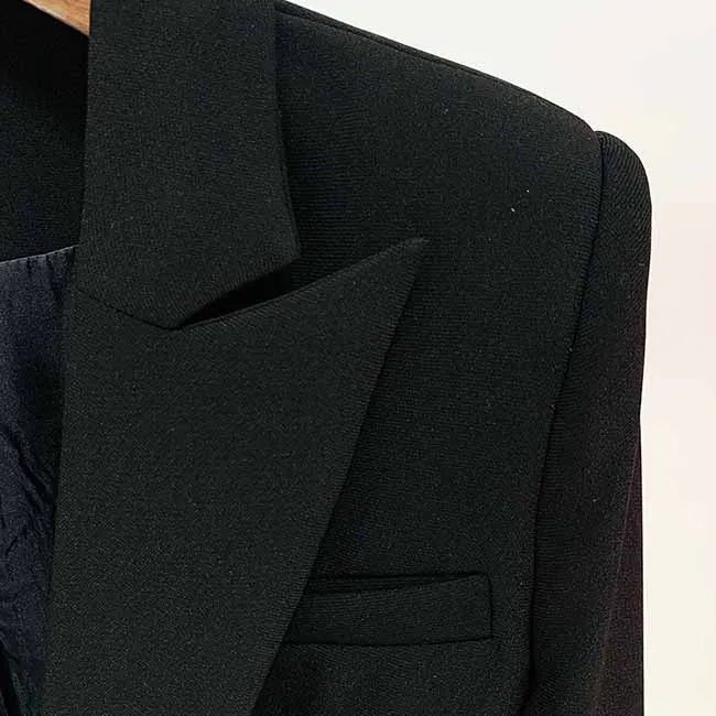 Women's Luxury black One Button Blazer Hand Sewn Golden Metal Studs Mid-length Blazer Coat