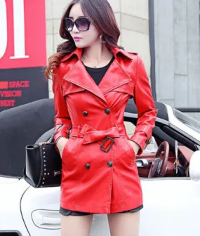 Women’s Orange Leather Mid Length Trench Coat TC04