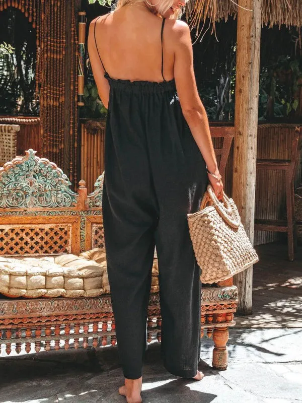 Women’s Wide Leg Cropped Sleeveless Jumpsuit with Side Pockets in 2 Colors S-XL