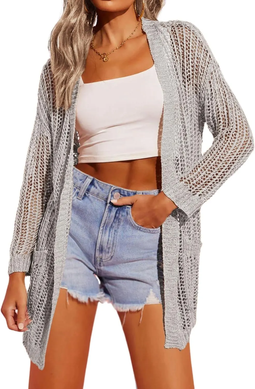 Zeagoo Women 2024 Lightweight Crochet Cardigan Long Sleeve Open Front Knit Sweater Summer Kimono Cover Up with Pockets