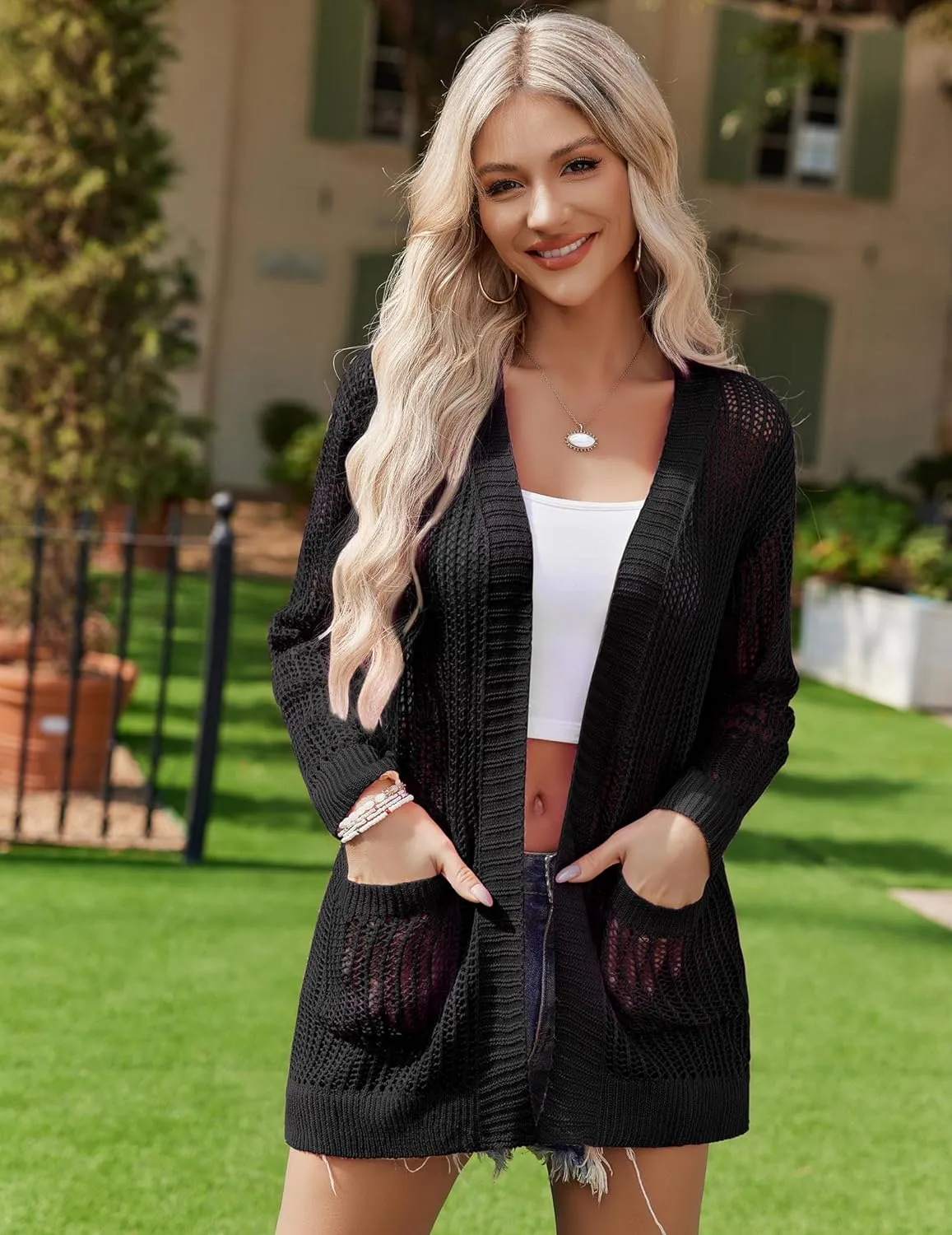Zeagoo Women 2024 Lightweight Crochet Cardigan Long Sleeve Open Front Knit Sweater Summer Kimono Cover Up with Pockets