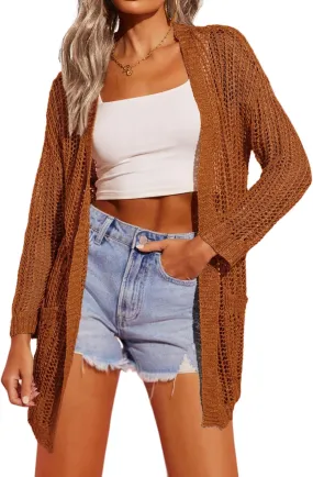 Zeagoo Women 2024 Lightweight Crochet Cardigan Long Sleeve Open Front Knit Sweater Summer Kimono Cover Up with Pockets